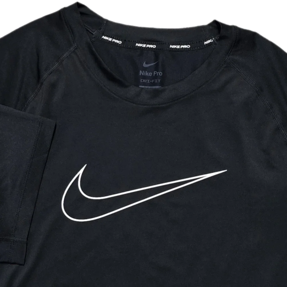 Nike Pro Mens L Short Sleeve Compression Shirt Slim Black Center Swoosh Dri Fit